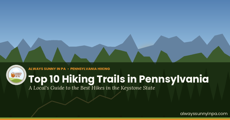 Top 10 hiking trails in Pennsylvania — sunrise over mountain ridges and pine forest with hiking trail path