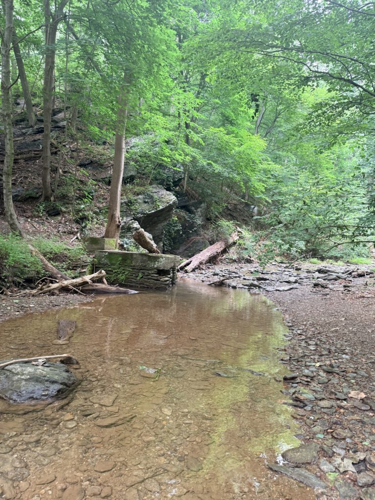 Shallow section of Kelly's Run with rocky creek bed and historic stone ruins in Lancaster County, Pennsylvania.