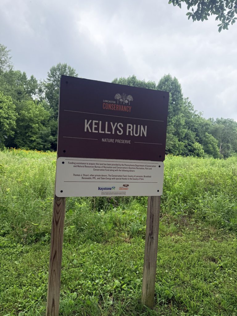 Entrance sign for Kelly's Run Nature Preserve managed by Lancaster Conservancy.